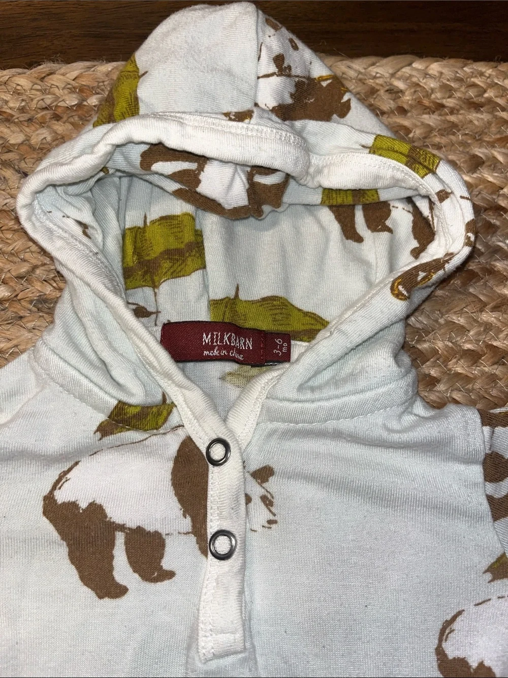 Milkbarn White Hooded One-Piece with Brown Bear & Green Umbrella Print